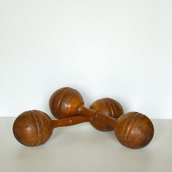 Pair of Vintage Wooden Dumbbells - Picture 1 of 10